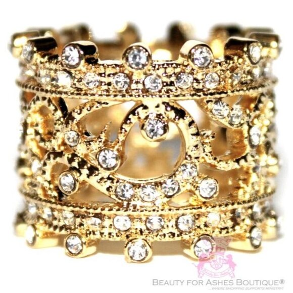 Scroll Wide Cubic Zirconia Filigree Lace Princess Gold Plated Crown Band Ring 10 - Picture 1 of 3